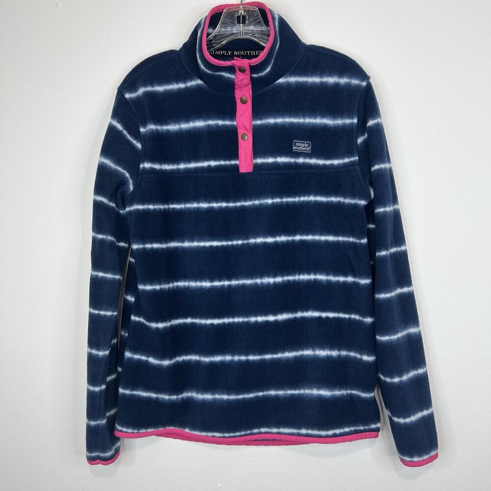 Simply Southern Women Medium Navy Stripe Fleece Pullover Pink Trim Snap Neck Top